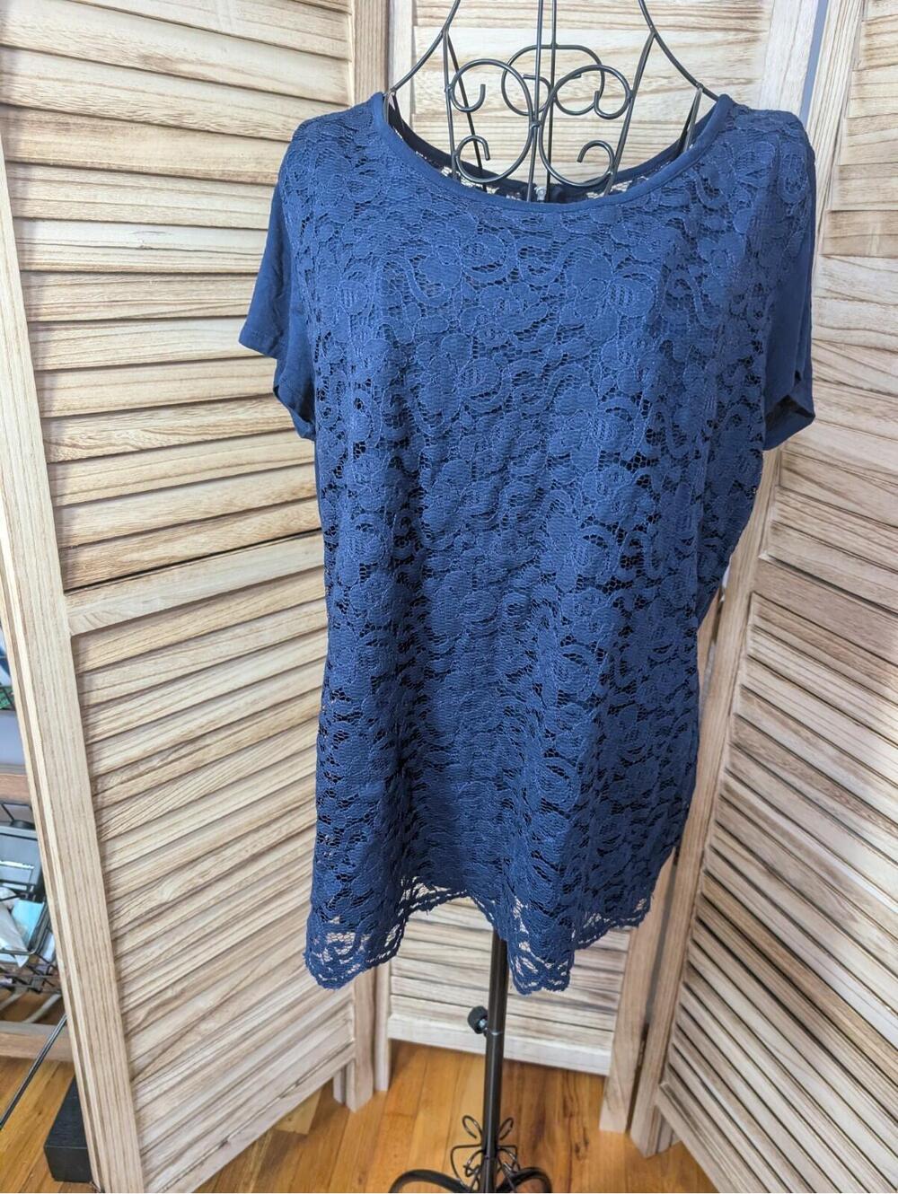 New York & Company Blouse Womens Size Xl Navy Blue Lace‎ Half Sleeve Scoop Neck